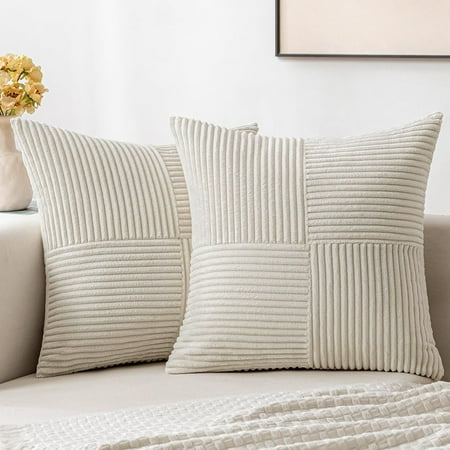 

MIULEE Beige Corduroy Pillow Covers Pack of 2 Boho Decorative Spliced Throw Pillow Covers Soft Solid Couch Pillowcases Cross Patchwork Textured Cushion Covers for Living Room Bed Sofa 16x16 inch