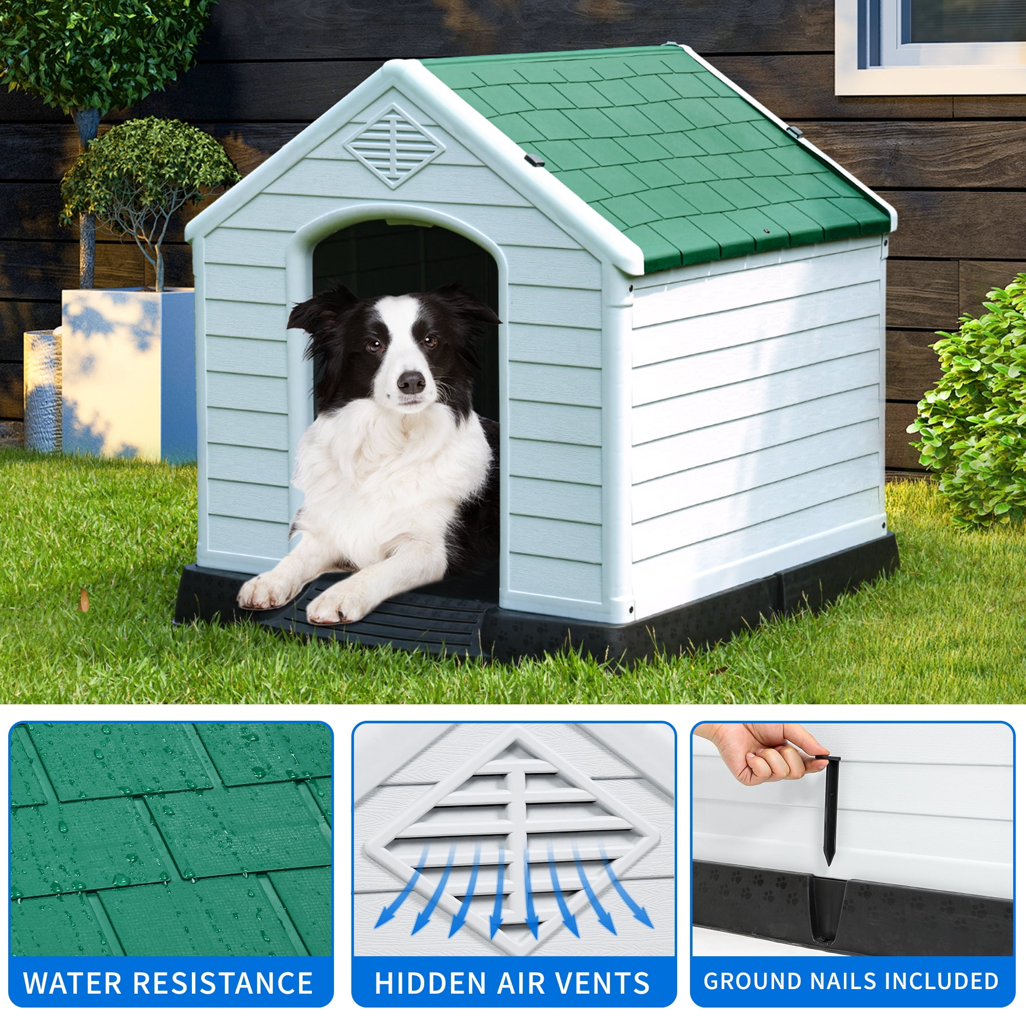 Dextrus Large Plastic Dog House with Air Vents and Elevated Floor,Water Resistant Dog Puppy Shelter for Indoor and Outdoor Use,Spacious and Durable(34.5''L x 30.9''W x 32''H,Green)