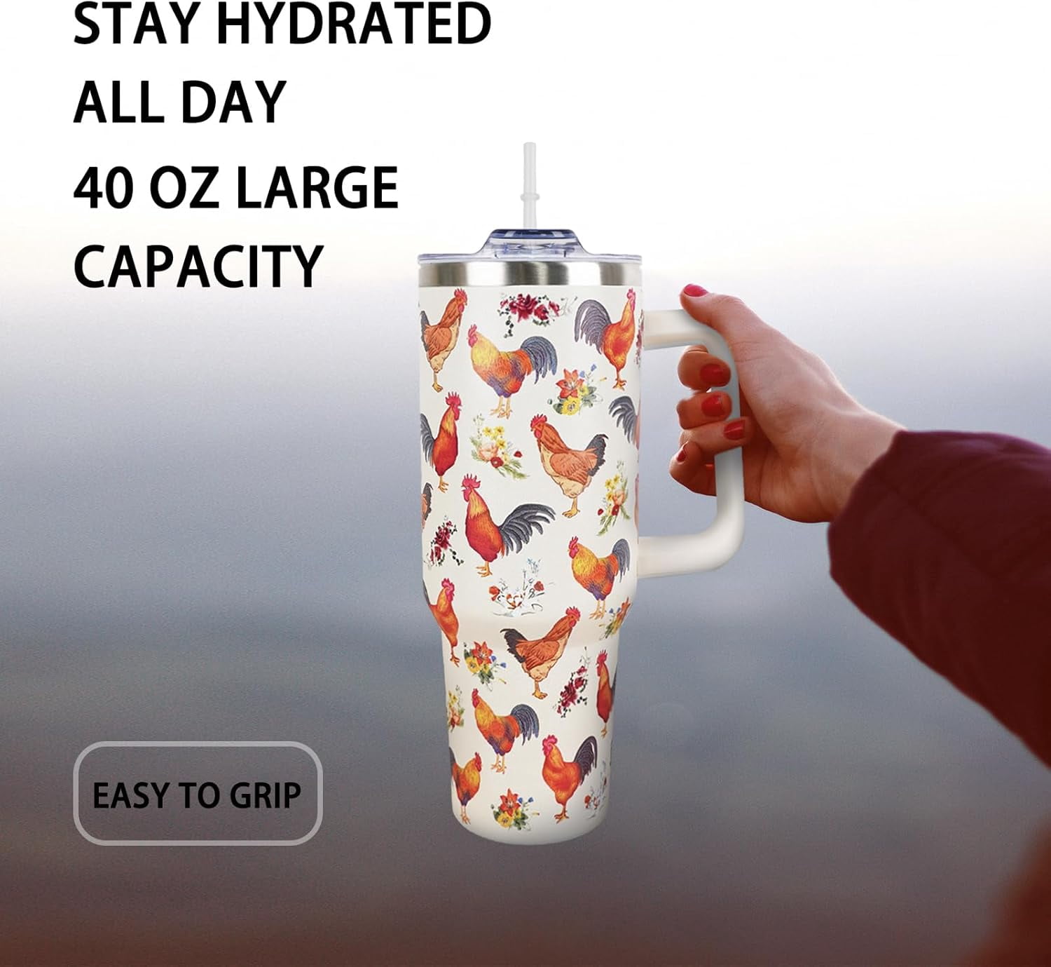 Chicken breed 40 Oz Tumbler with Handle and Straw Breeds of Chicken Cup Tumbler Coffee Travel Mug, Chicken Gifts for Chicken Lovers Rooster Gifts, Christmas Birthday Gifts for Women, Friends, Girls