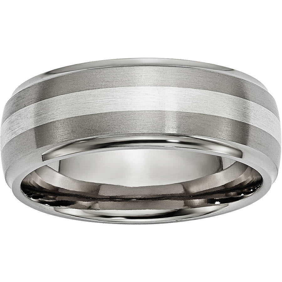 Titanium Ridged Edge Sterling Silver Inlay 8mm Brushed/Polished Band Size 8 Length Width 8 
