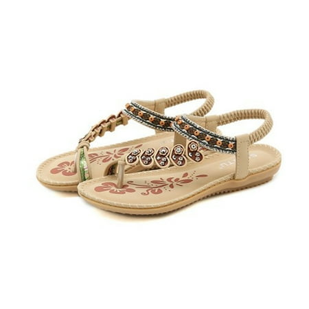 

DAFENGEA Womens Flats Sandals Summer Gladiator Bohemian Beaded Dress Shoes Comfortable Open Toe Elastic Ankle Strap Slip On Sandal Female Footwear