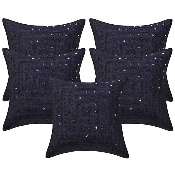 Stylo Culture Indian Chair Seat Throw Pillow Covers 16 x 16 Embroidered Mirror Lace Dark Blue Bohemian 40 x 40 cm Lounge Decor Cotton Geometric Square Cushion Covers | Set Of 5