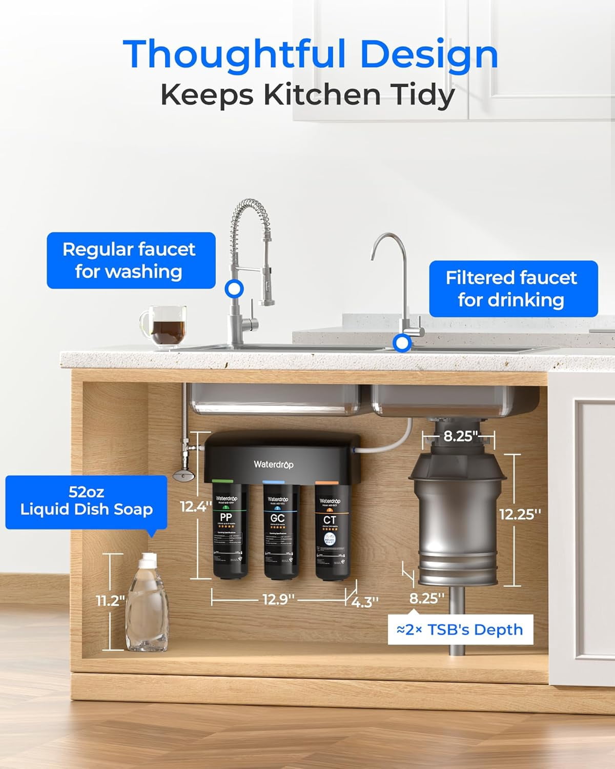 Restored Waterdrop TSB 8 Layer Under Sink Water Filter, Reduces PFAS, PFOA/PFOS, Fluoride, Chlorine, Bad Taste & Odor, with Dedicated Faucet, Under Sink Water Filtration System (Refurbished)