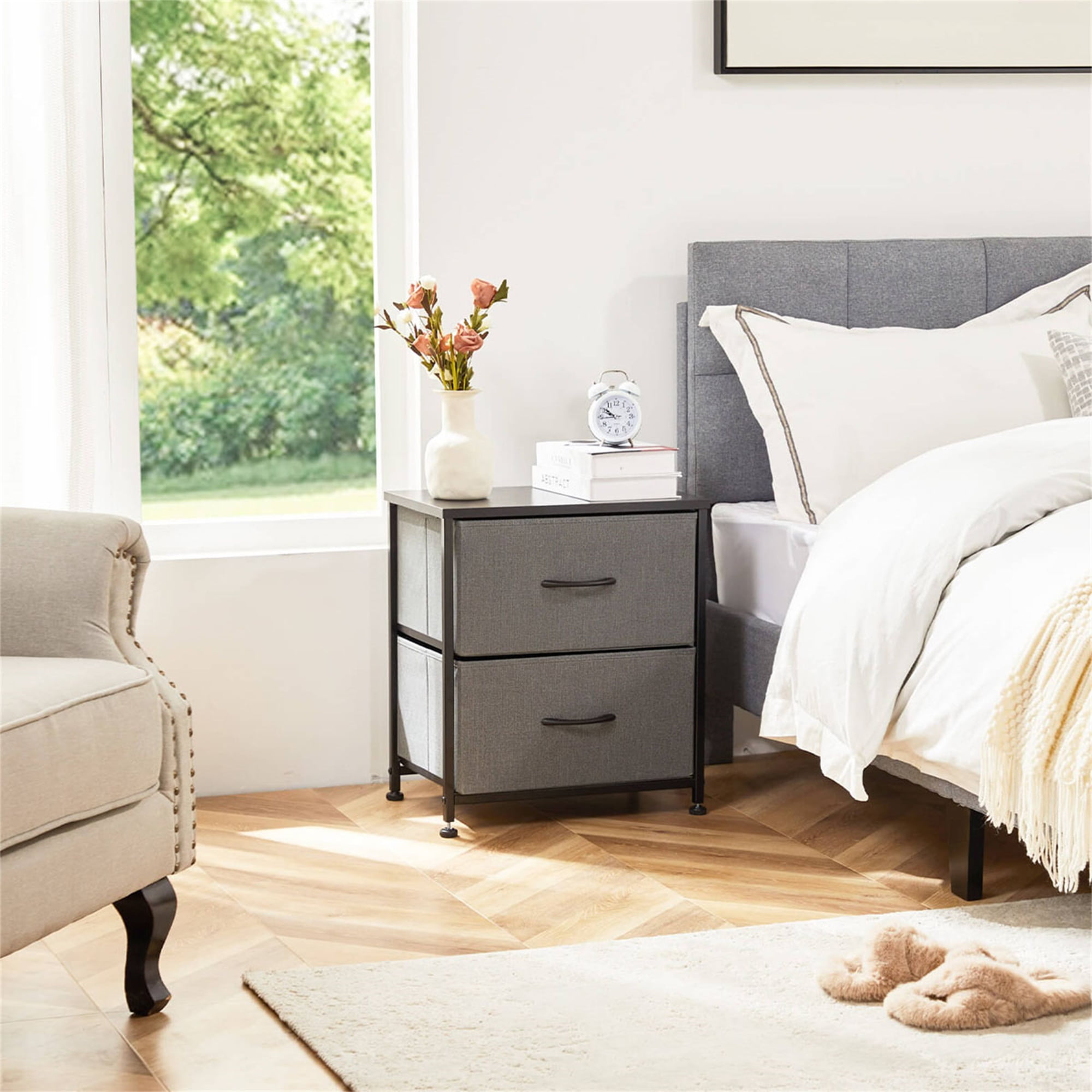 Kadyn Bedside Nightstand,End Table with 2 Drawers for Bedroom, Storage Organizer Furniture, Fabric Cabinet Wood Top, Lightweight Chest of Drawers, Mini Dresser for Clothes, Closet, Dorm,Gray