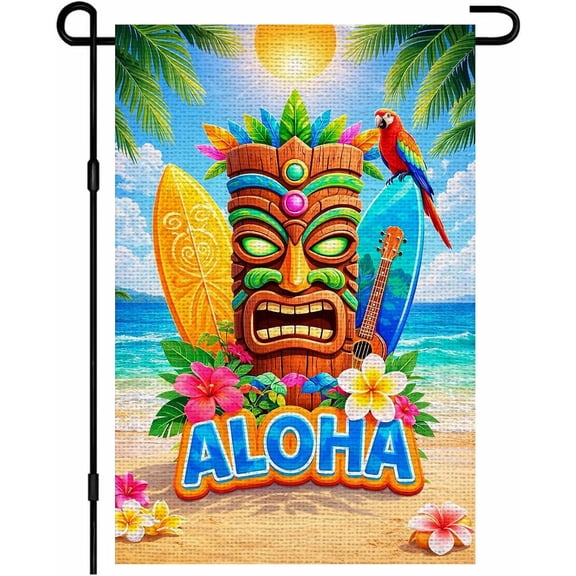 Tropical Tiki Parrot Aloha Garden Flag, 12 x 18 Inch Burlap, Double Sided Summer Outdoor Yard House Flag for Lawn Porch Patio Front Door Decor