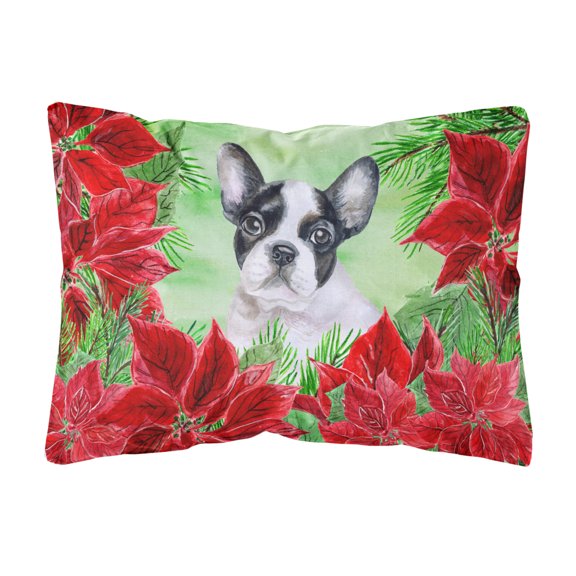 Carolines Treasures CK1358PW1216 French Bulldog Black White Poinsettas Canvas Fabric Decorative Pillow 12H x16W