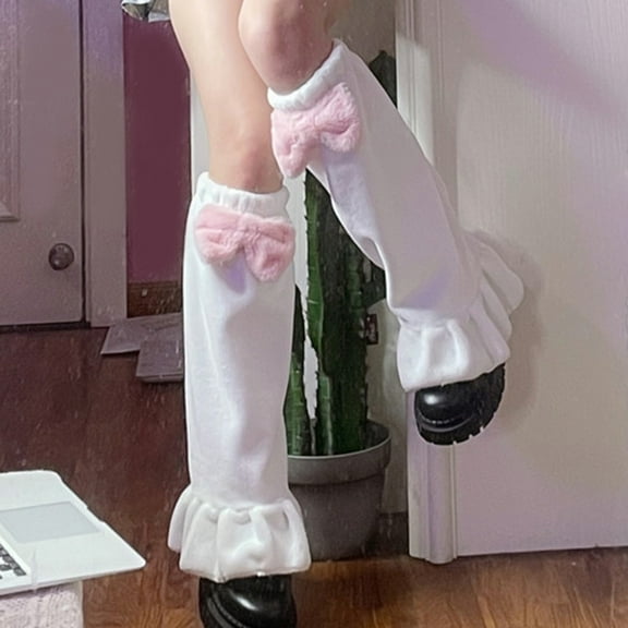 dianhelloya 1 Pair Women Leg Warmers Pink Bow Plush Autumn Winter Japanese Style Sweet Ruffles Leg Socks for Daily Wear sock