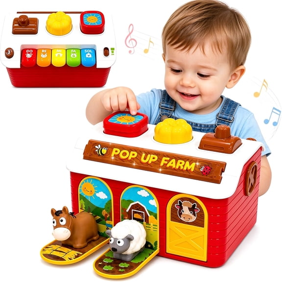 Interactive Pop Up Farm Animal Toys with Music & Light ,Montessori Cause and Effect Baby Toys for 1 Year Old Boy Girl, Early Learning Birthday Gift for Toddler Infant 12-18 Months