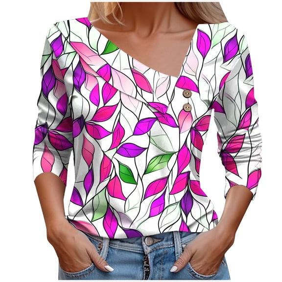 V Neck Tops for Women Dressy Tunic T-Shirts Juniors Pleated Button 3/4 Length Sleeve Blouse Teen Girls Casual Cute Floral Print Pullover Tee