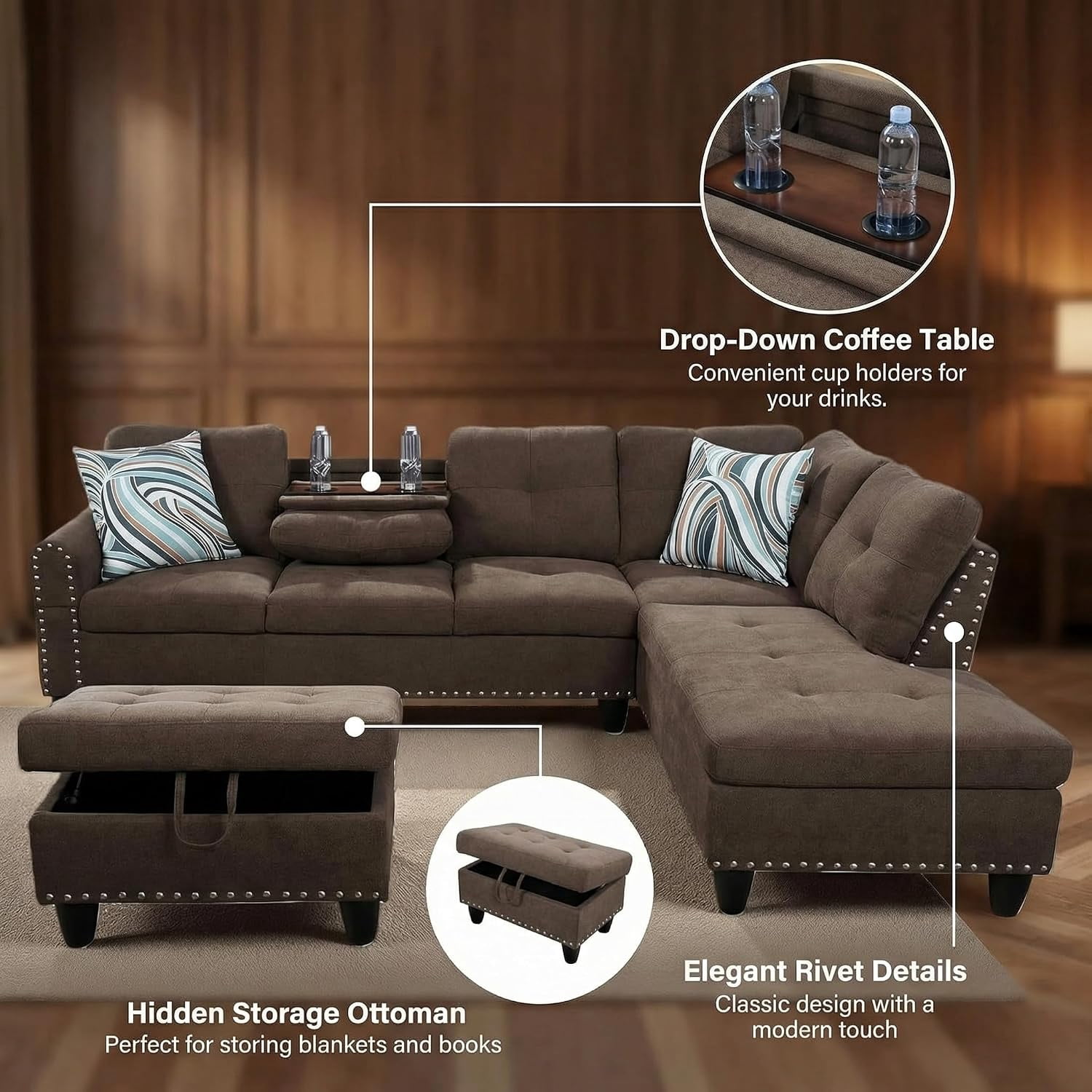 3-Piece L-Shaped Sectional Sofa with Movable Chaise & Storage Ottoman, Linen Living Room Modular Convertible Couches Set for Home Apartment Office, Brown