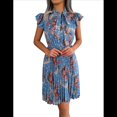 thumbnail image 2 of Vestido Plisado Floral Hasta la Rodilla para Mujer, para Vacaciones, Cuello Redondo, Sin Mangas, Cintura Alta, Ajustado, Azul , XL, 2 of 9