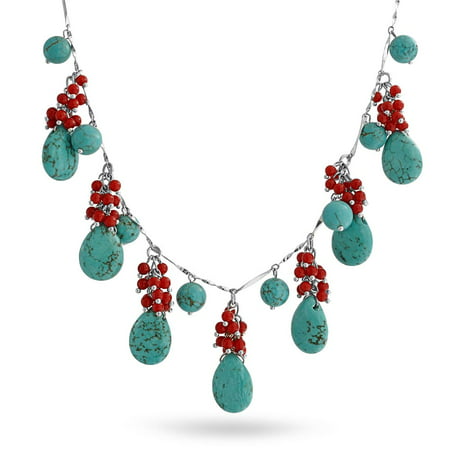 Bling Jewelry Beaded Synthetic Turquoise Synthetic Coral Necklace Rhodium Plated