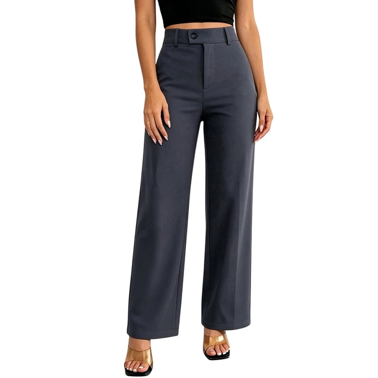 ladies dress pants at walmart Pounoo Womens Wide Leg Pants High Waist Double Button Pleated Wide Leg Plain Womens Dress Pants Loose Fit Formal Occasion Soft Womens Dress Pants