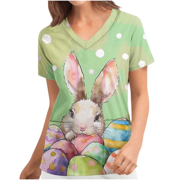 Pullover Impreso de Pascua de las Mujeres, Nuevo Cuello en V de Manga Corta Casual Top para Uso Diario Y de Fiesta, Camiseta de Cuidado de la Moda Elástica