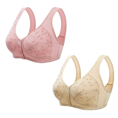 2PC Women Wireless Bras Comfort Back Support Floral Lace Bra Adjustable Wider Straps Full Coverage Lift Up Minimizer Bras Pink 2 40C