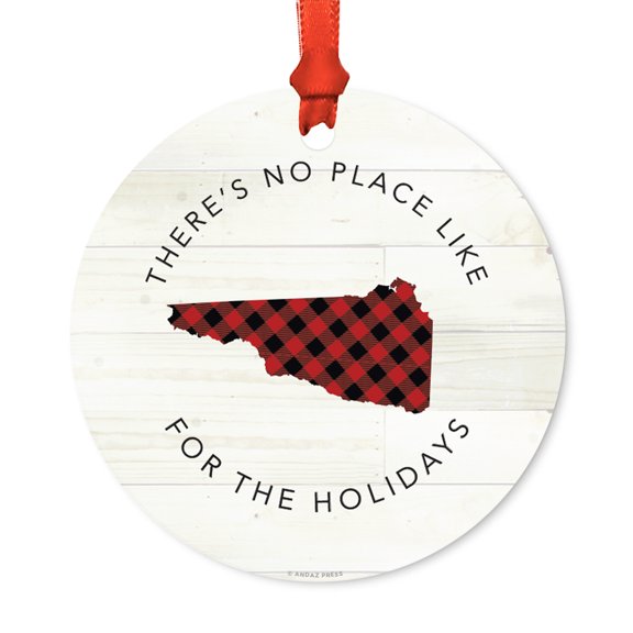 US State Round Metal Christmas Ornament, Red Plaid on Light Rustic Wood, New Hampshire, Includes Ribbon and Gift Bag