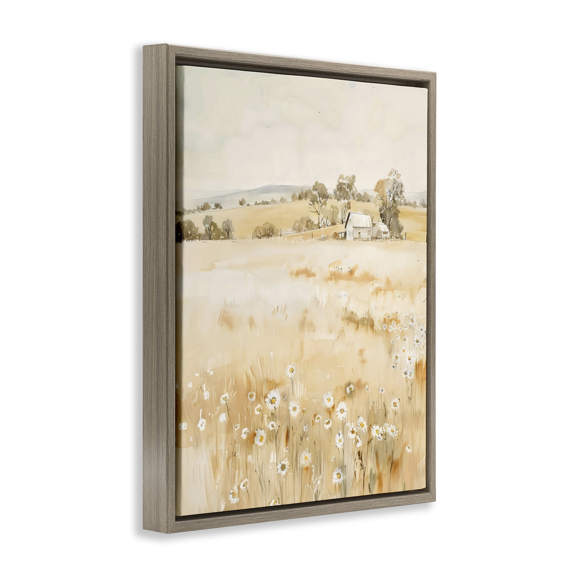 Stupell Industries Farm Country Meadow with Daisies Brown Framed Floater Canvas Wall Art, design by Creative Studio