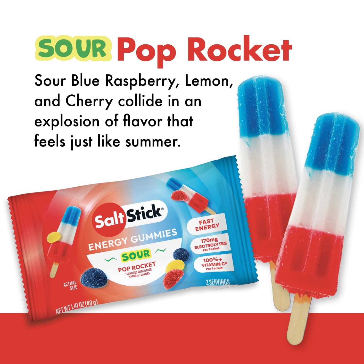 SaltStick Energy Gummies with Electrolytes, Sour Pop Rocket Energy Chews, Caffeine Free, 1 Pack
