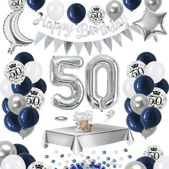 AOWEE 50th Birthday Party Decoration, Dark Blue Silver Balloon Arch with Number 40 Foil Balloon Banner Confetti Balloons Silver Tablecloths for Women Men Birthday Anniversary