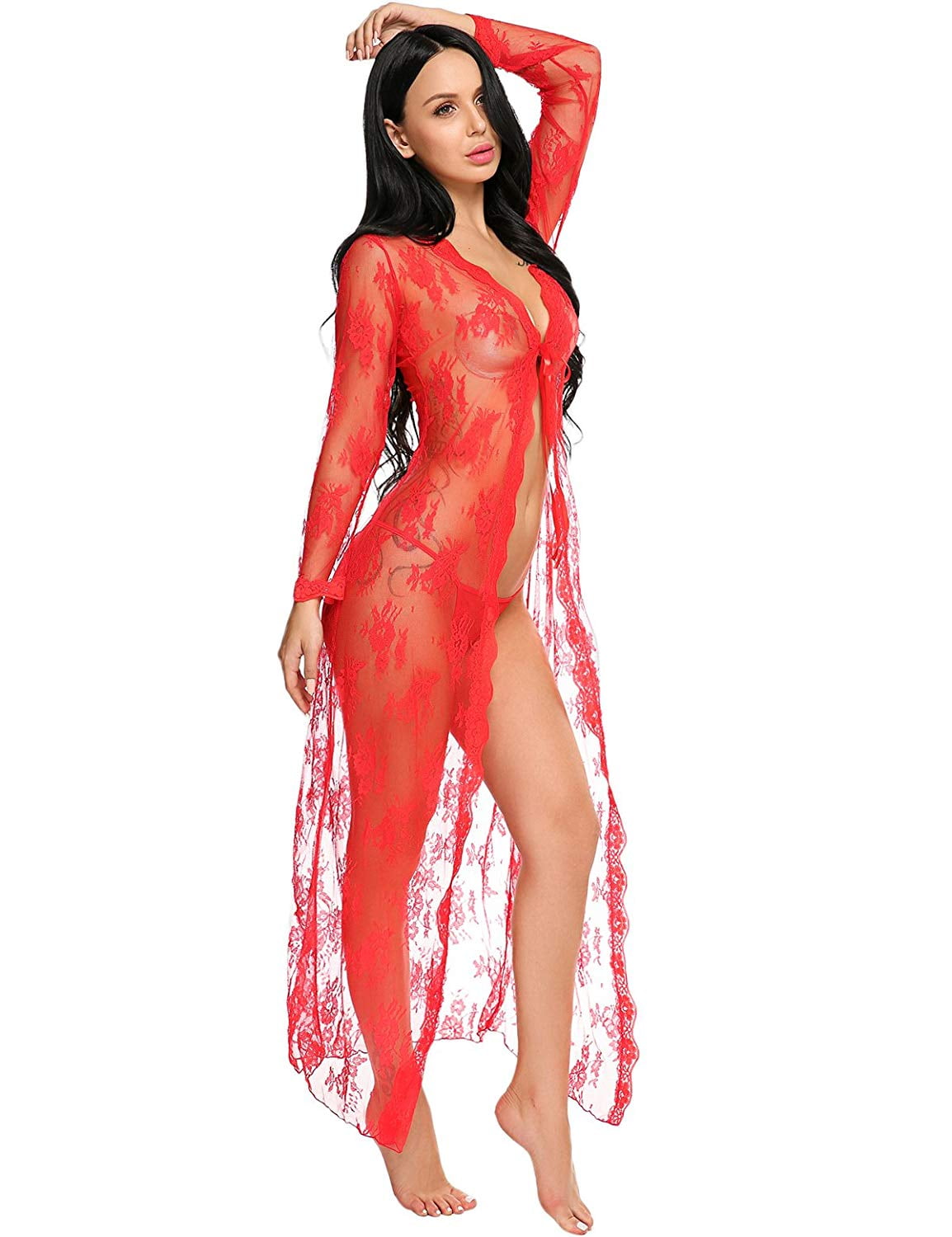 Reactionnx Lingerie for Women Sexy Long Lace Dress Sheer Gown See Through Kimono Robe photo