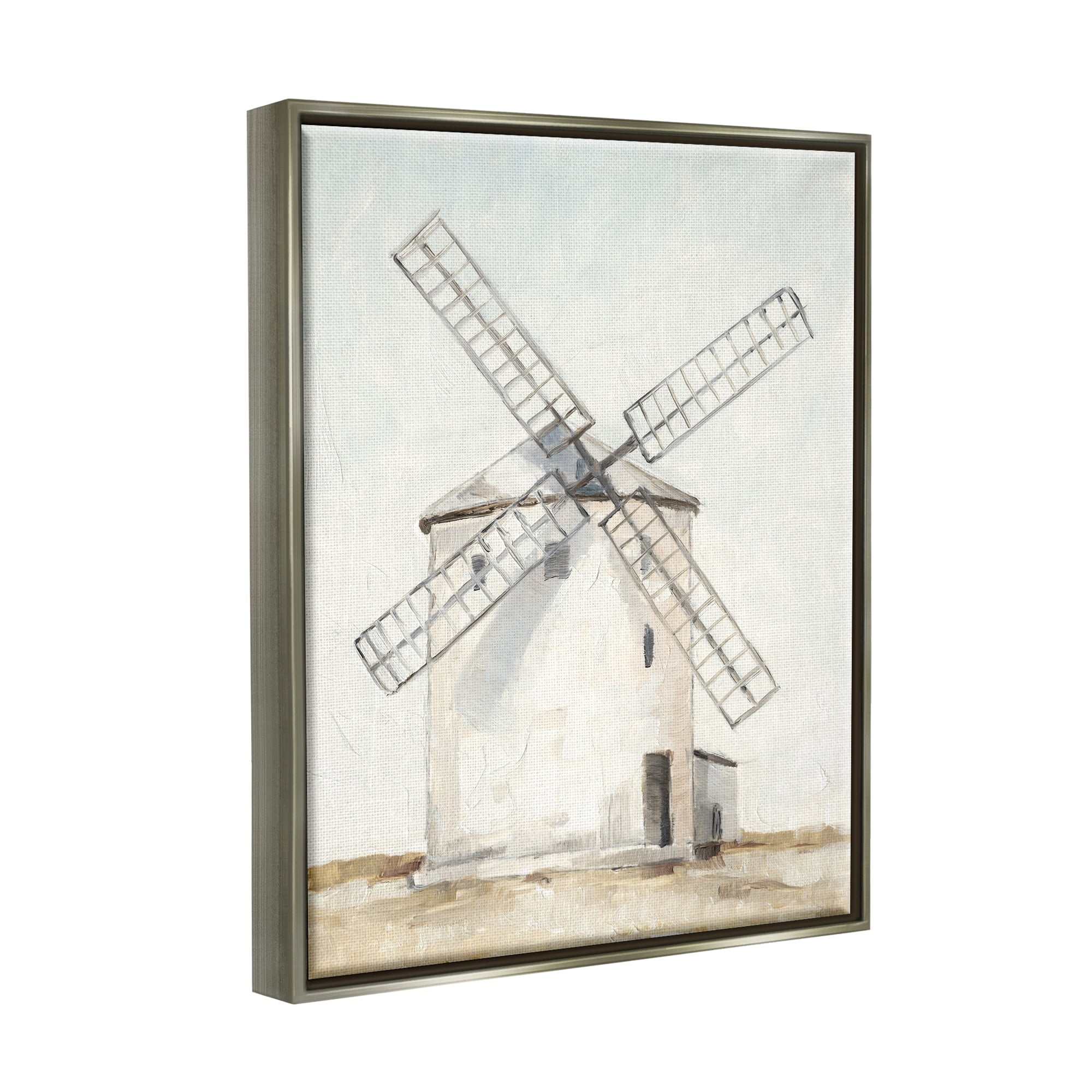 Stupell Industries Windmill Farm Landscape Neutral Blue Brown Painting Luster Gray Framed Floating Canvas Wall Art, 16x20, by Ethan Harper