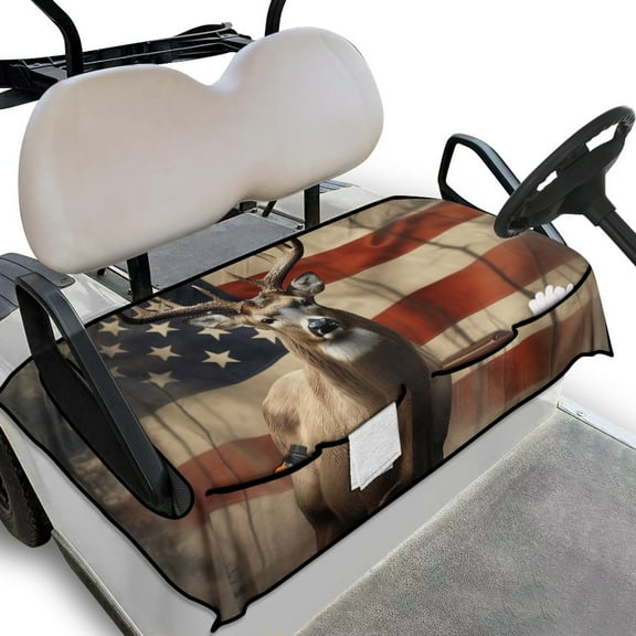 Renewold Deer American Flag Golf Cart Seat Cover with Pockets US Flag Print Soft Breathable Quick Dry Golf Cart Towel Blanket Fits for EZGO Yamaha Club Cars and More 2 Person Seats