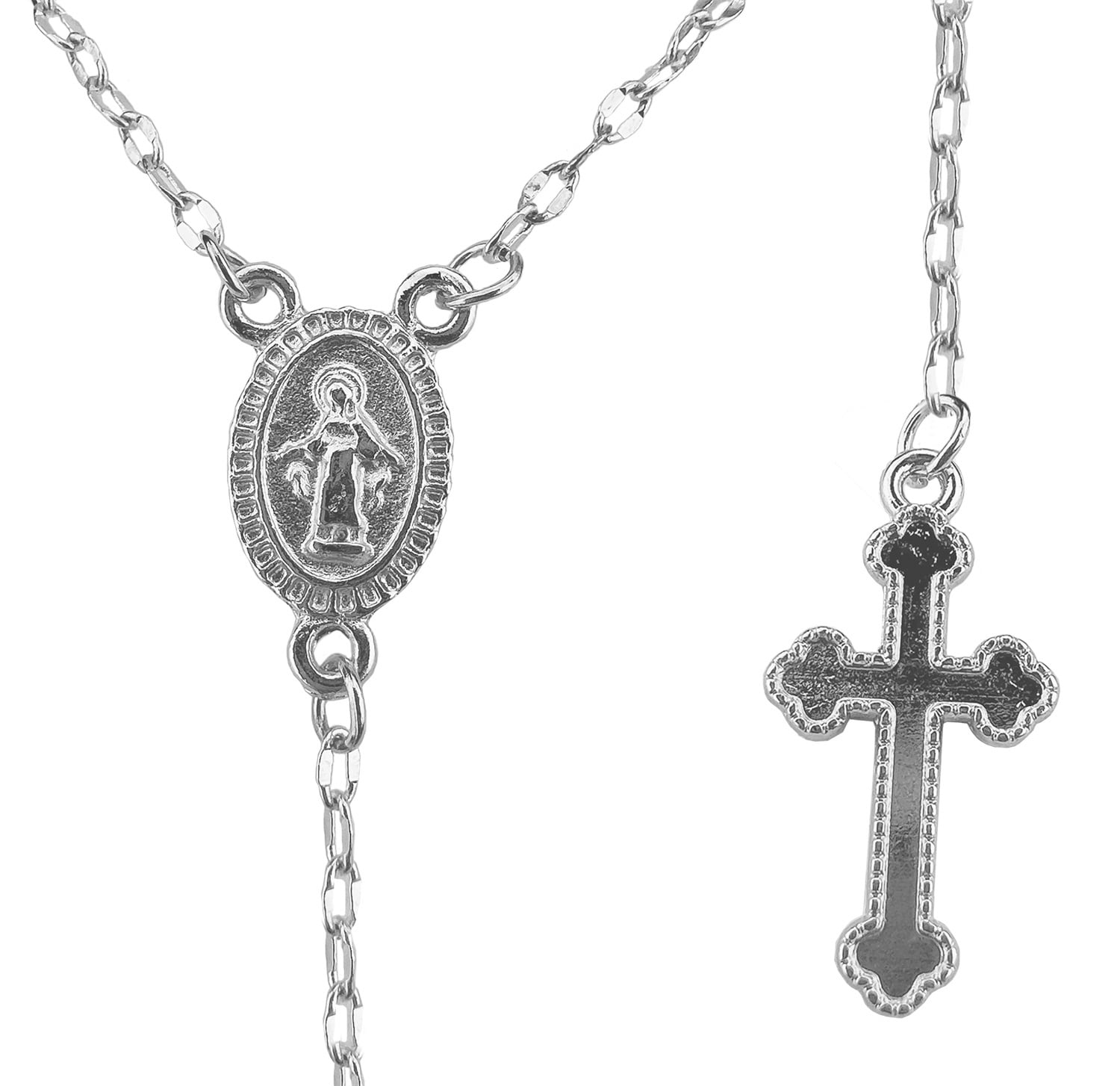 Sterling Silver Plated Choker Chain – Open Link Style Necklace With Rosary Cross Pendant - View #13