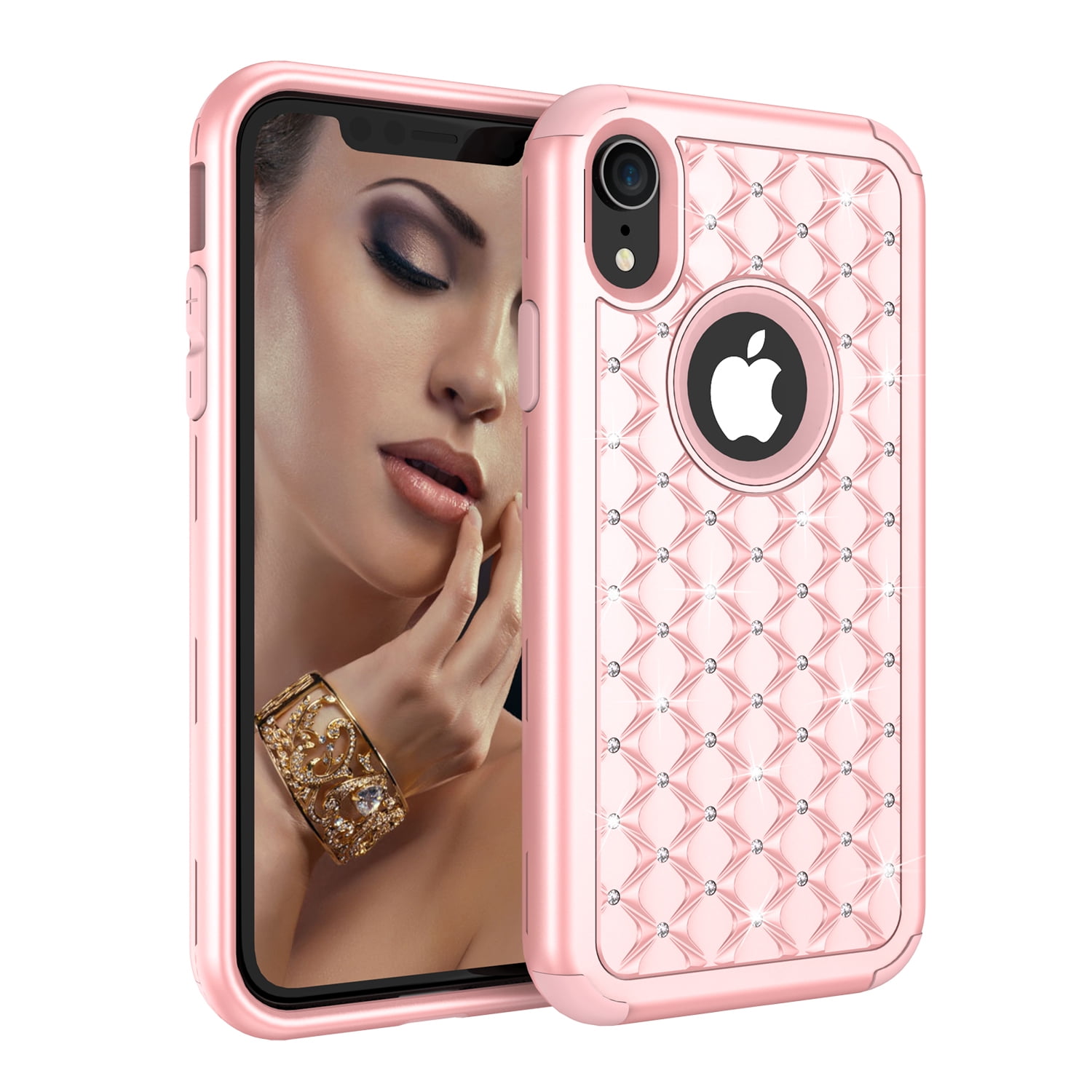 Iphone Xr Case Iphone Xr Cover Allytech 3 In 1 Studded Rhinestone Full Body Protective Shockproof Hard Pc Soft Silicon Rubber Armor Defender Protective Case Cover Rosegold Walmart Com