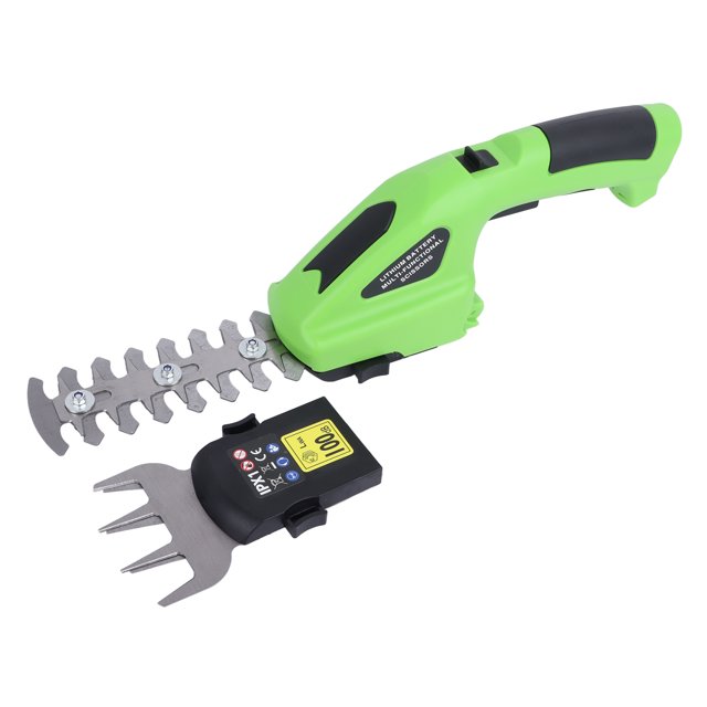 tijeras de césped inalámbricas, tijeras de césped inalámbricas de 7,2 v, cortasetos de mano, cortadora de césped inalámbrica diseñada para el futuro herramienta compacta verde y negra en vista frontal-3/4 con mango ergonómico de ABS y empuñadura de goma, cabezal de aleación de acero para hojas y ramas finas, batería 2000 mAh y accesorio de cabezal largo visibles; fondo blanco. Adecuada para poda ligera en jardín, carga USB tipo C y uso sin cable; suele usarse también para mantenimiento de parterres.