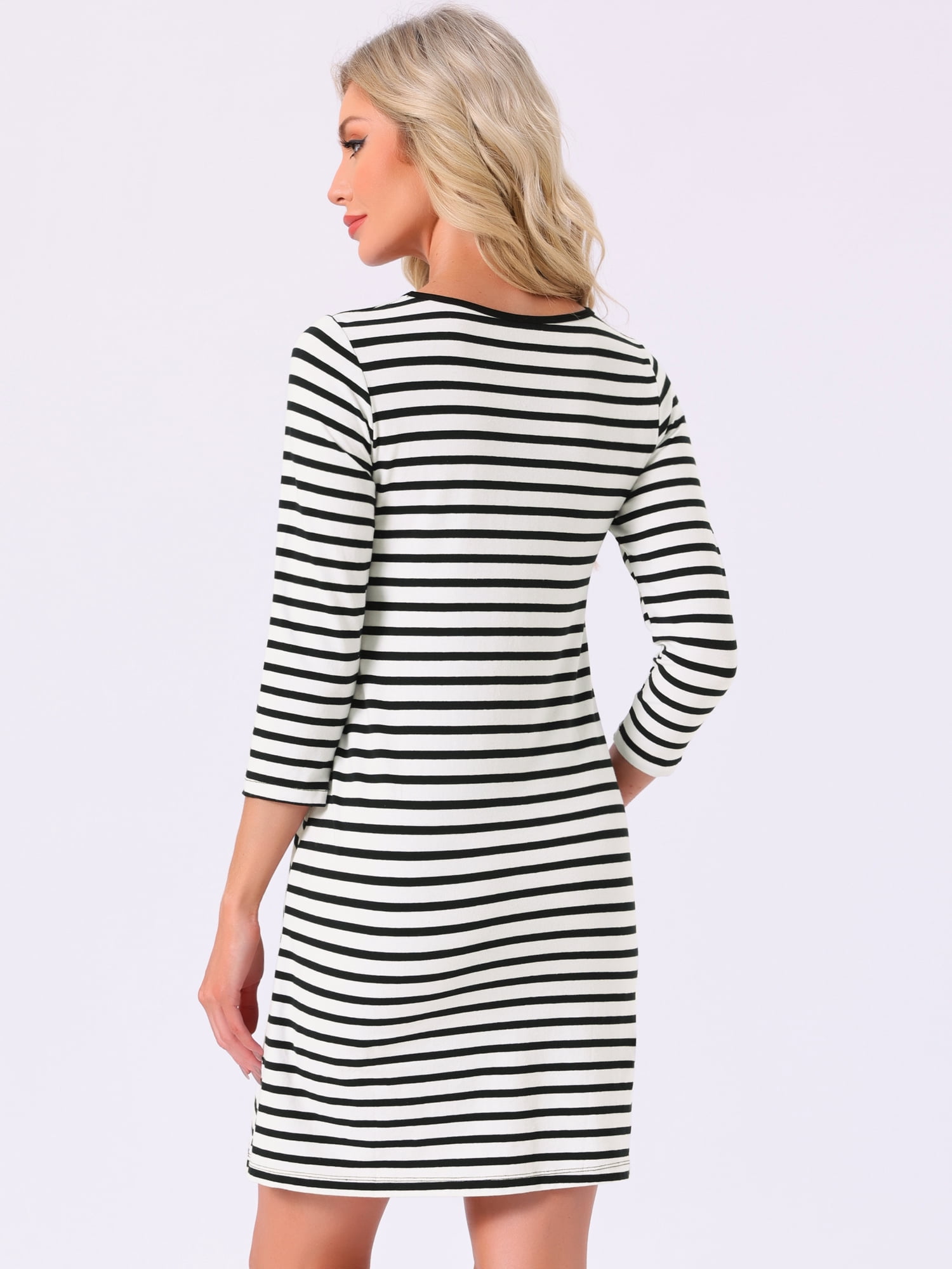 DARING DIVA Women's Cotton Stripe 3/4 Sleeve Round Neck Midi Sleepdress S Black