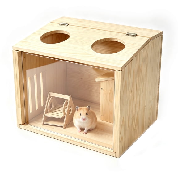 Large Solid Wood Hamster Cage with Clear Acrylic Front & Vented Top - Spacious Habitat for Syrian/Dwarf Hamsters, Guinea Pigs, Chinchillas & Gerbils, Includes Cozy Hideout - Easy-Clean & Mount
