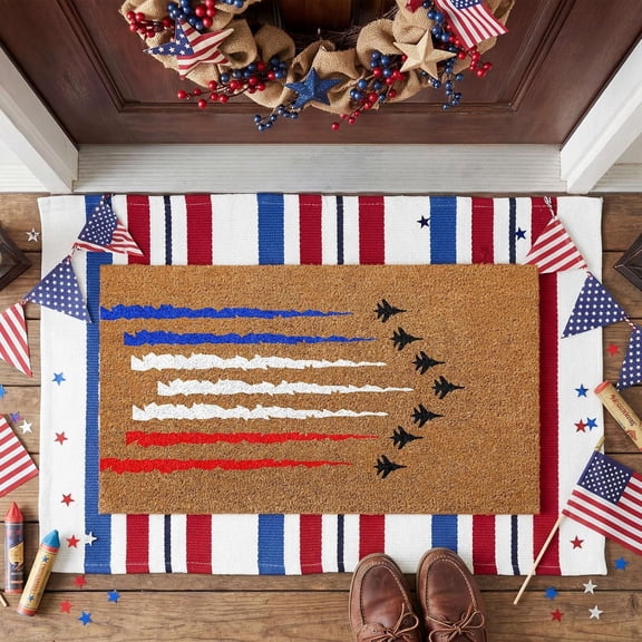 Chmadoxn 4th of July Patriotic Welcome Doormat, Faux Coir Heavy Duty Dirt Trapping Front Door Mat, Non-Slip Indoor Outdoor Entryway Rug for Independence Day Decor
