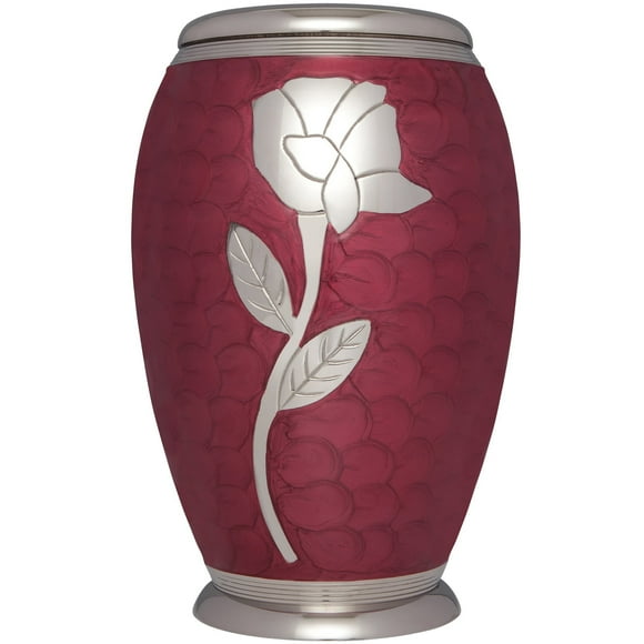 Red Rose Funeral Urn by Liliane - Cremation Urn for Human Ashes - Adult Size - Hand Made in Brass - Display Urn at Home or in Niche at Columbarium - Talia Model ( Enamel with Silver Flower )