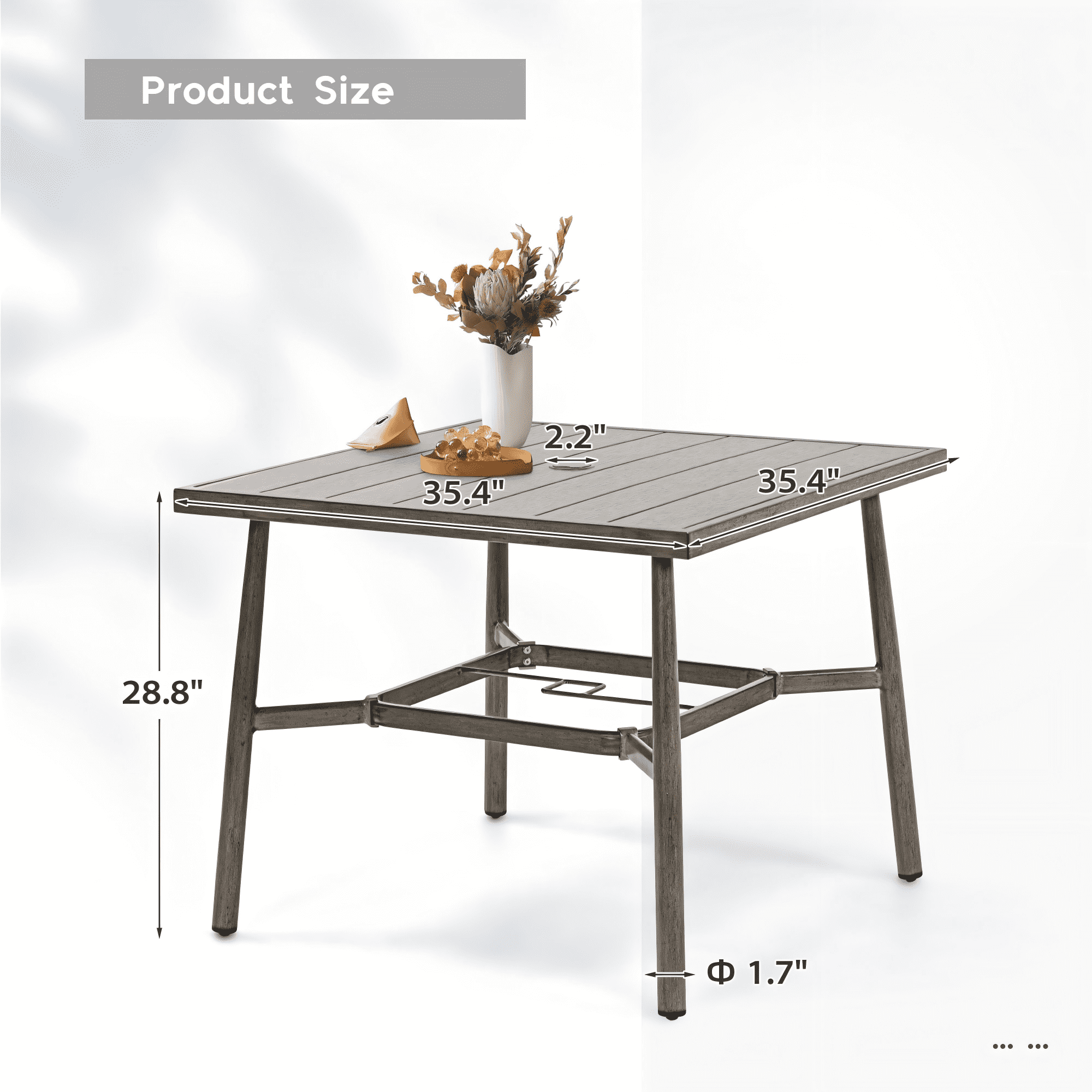 Patio Table for 4 Aluminum Outdoor Dining Table Square with Umbrella Hole Modern All Weather Table for Backyard Garden Deck Poolside, Grey
