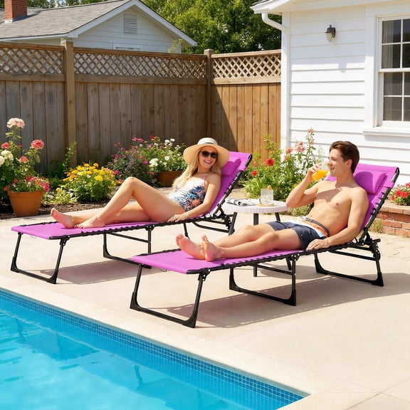 Outsunny 2 Folding Chaise Lounge Pool Chairs with 4-Position Reclining Back, Pillow, Breathable Mesh & Bungee Seat, Purple