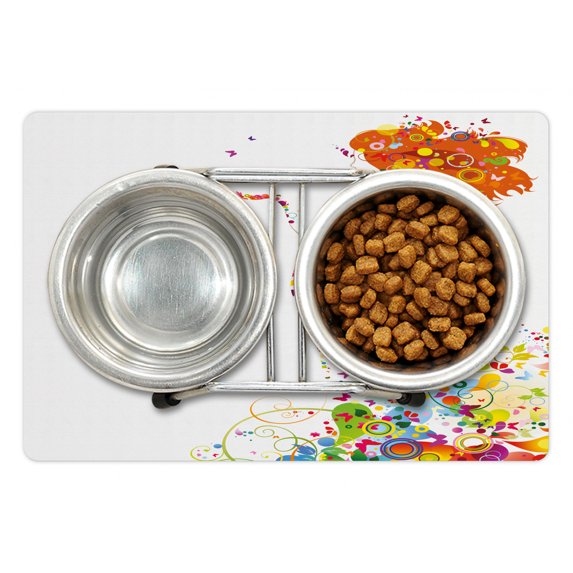 Floral Pet Mat for Food and Water, Summer Lady Silhouette in Blooms Swirls Inspirational Vivid Tones Feminine Design, Non-Slip Rubber Mat for Dogs and Cats, 18" X 12", by Ambesonne