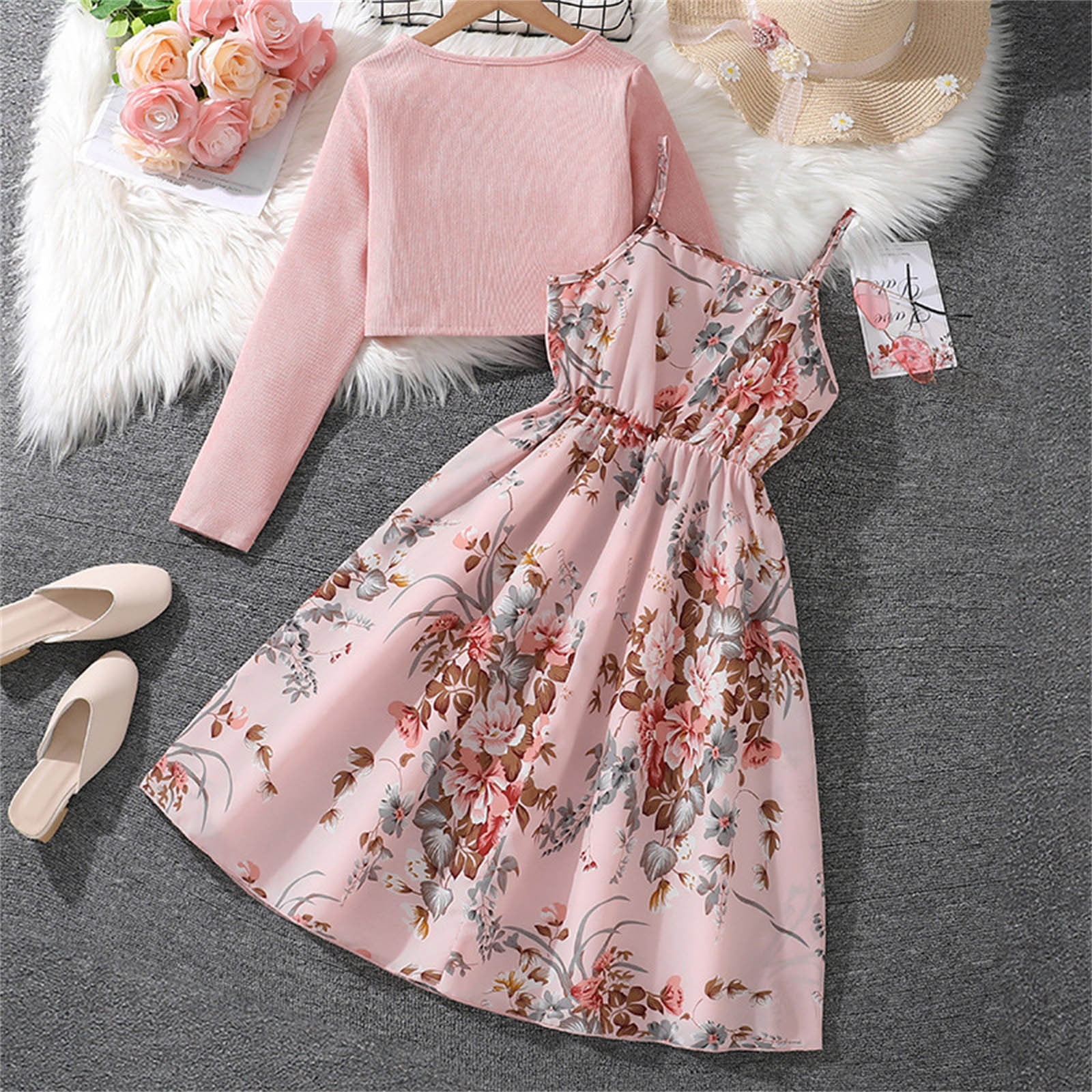 Girls Casual Outfits Set Floral Cami Dresses with Knit Cardigan Spring Summer Cute Clothes Tween Girl Lounge Set, Pink, 12 Years