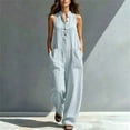 thumbnail image 5 of Ke1Clo Spring Fall Jumpsuits for Women Casual Wide Leg V-Neck Sleeveless Button Front Jumpsuits Full Length Flowy Pocket Lounge Jumpsuit Blue S, 5 of 7