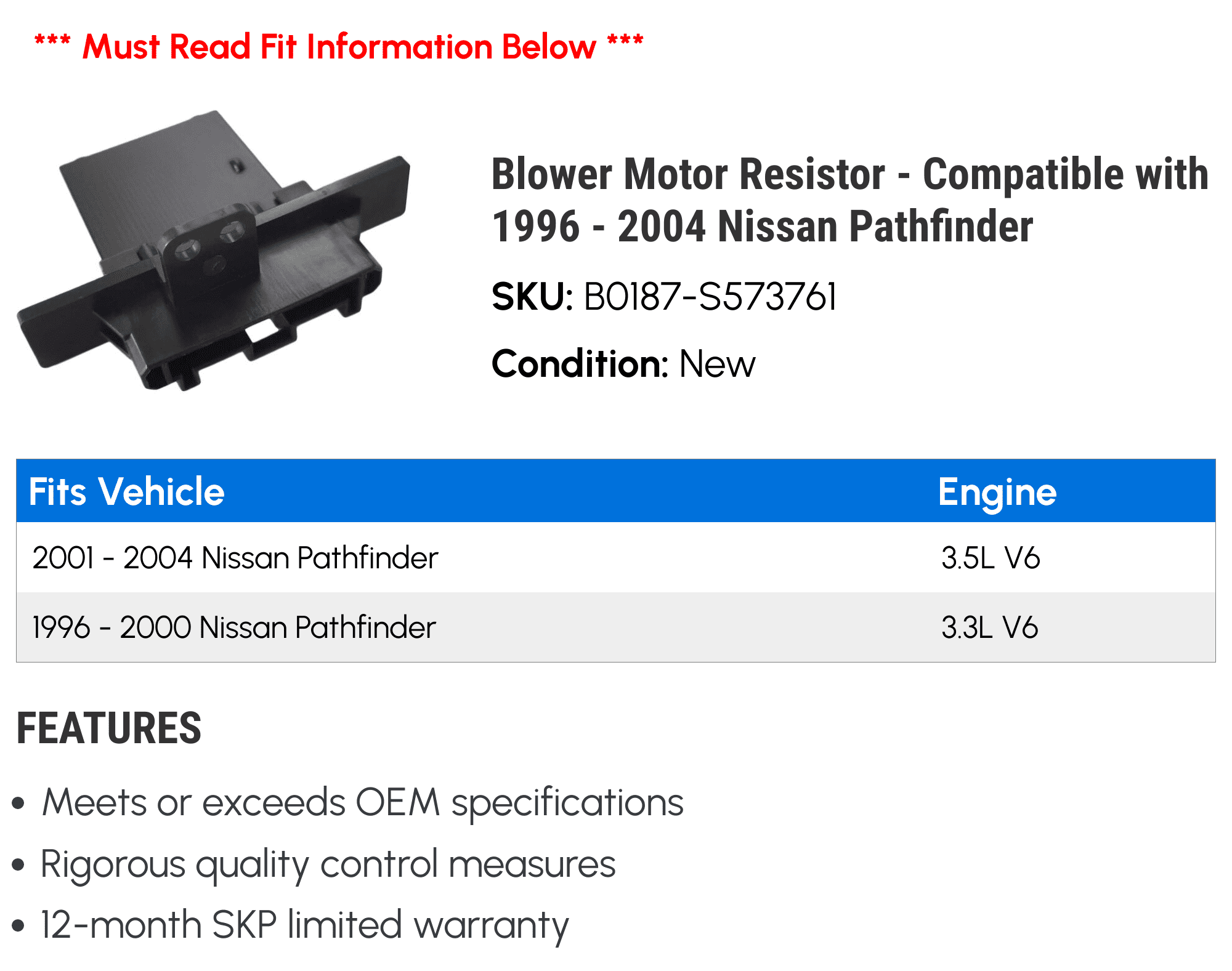 Blower Motor Resistor - Compatible with 1996 - 2004 Nissan Pathfinder 1997 1998 1999 2000 2001 2002 2003