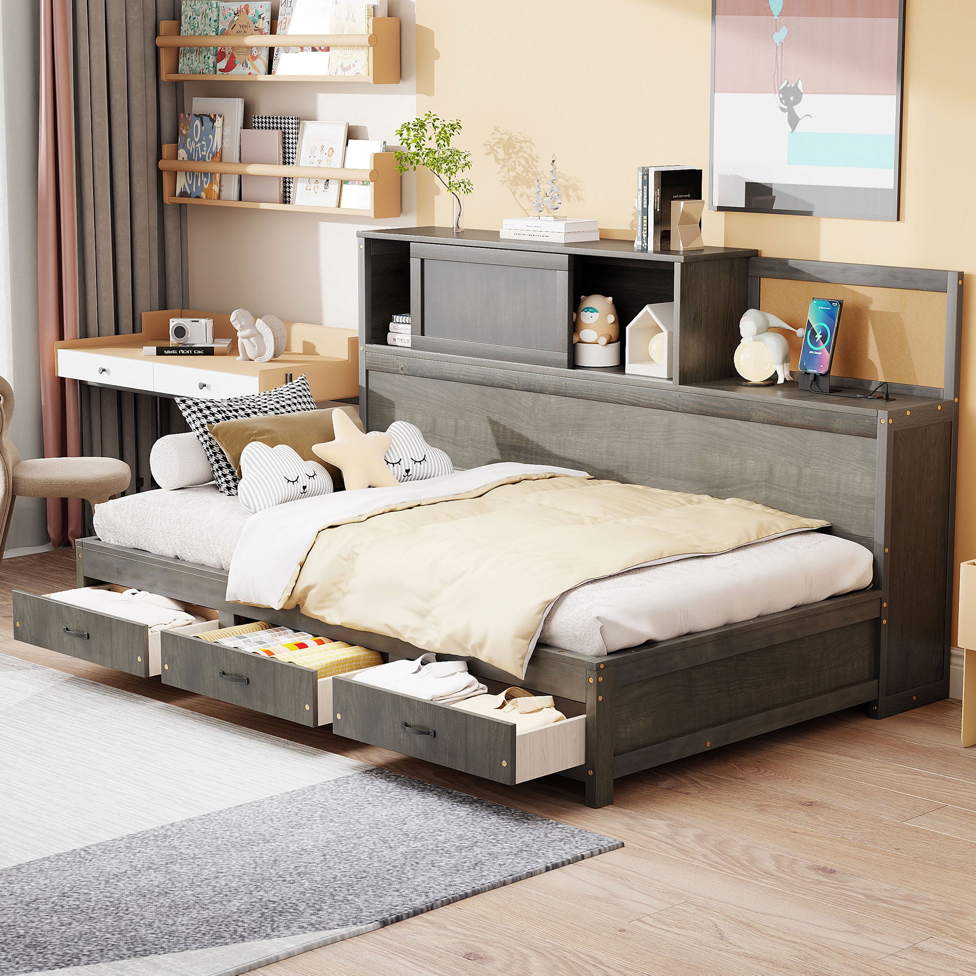 Sailvan Twin Size Wooden Daybed with 3 Storage Drawers, Upper Soft Board, Shelf, Set of Sockets