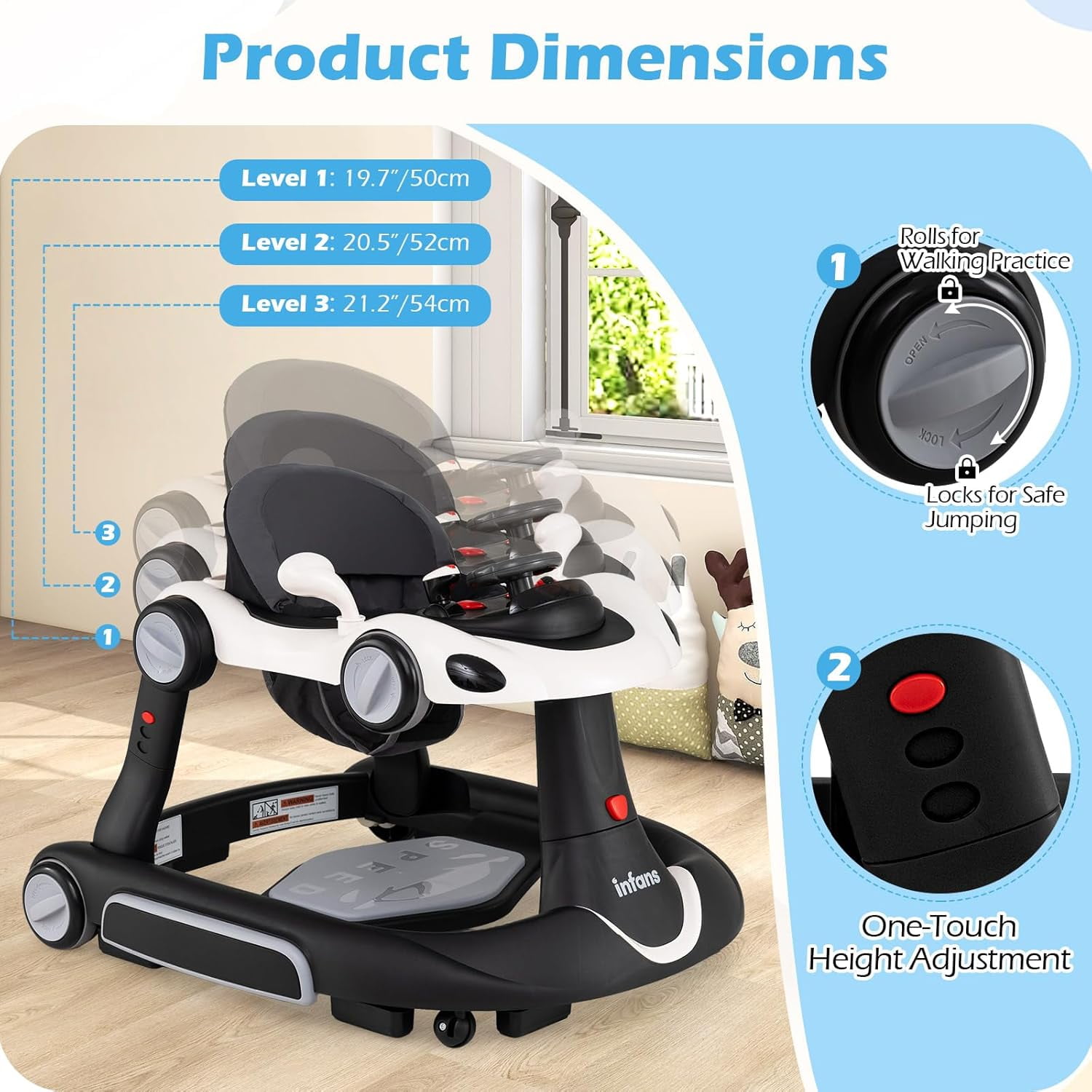 INFANS 6-in-1 Baby Walker, Converts Push Car to Bouncer, Rocker with Music, Lights, Adjustable Height & Speed, Activity Center, Canopy for 7-18 Months