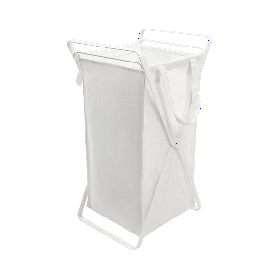 Yamazaki Home Laundry Hamper with Cotton Liner - Two Sizes, White, Steel Cotton, Small, 12 gallons, 45 liters, Collapsible, Handles, Machine Washable, Removable Liner, No Assembly