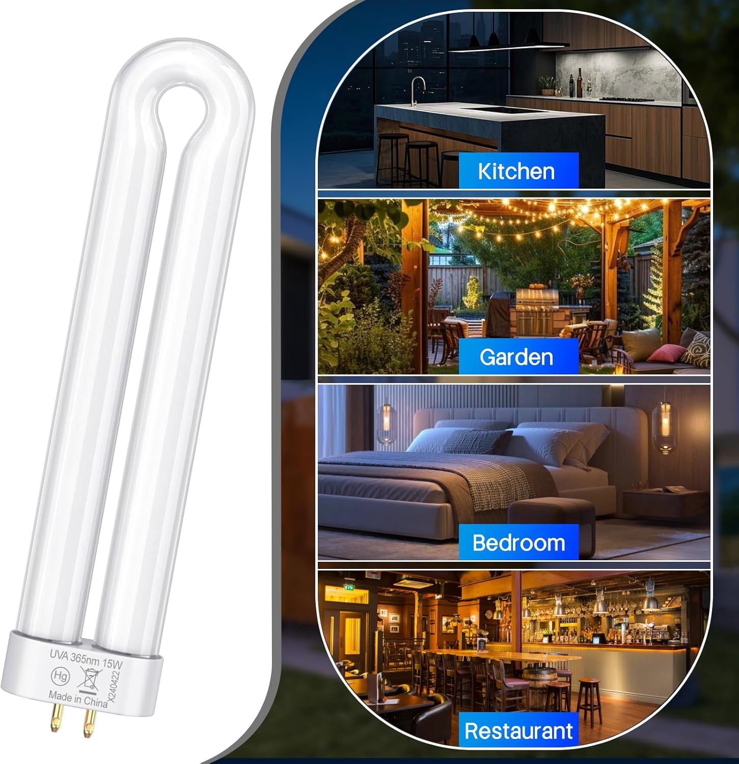 Replacement Light Bulb Bug Zapper 15W Bulbs for K15, X3,T6, T8, T9 Outdoor 4-Pin Base U Shaped Twin Tube Mosquito Zapper, 2 Pack