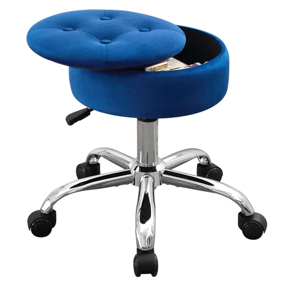 Blue Velvet Tufted Swivel Vanity Stool With Storage Compartment And Chrome Star Base