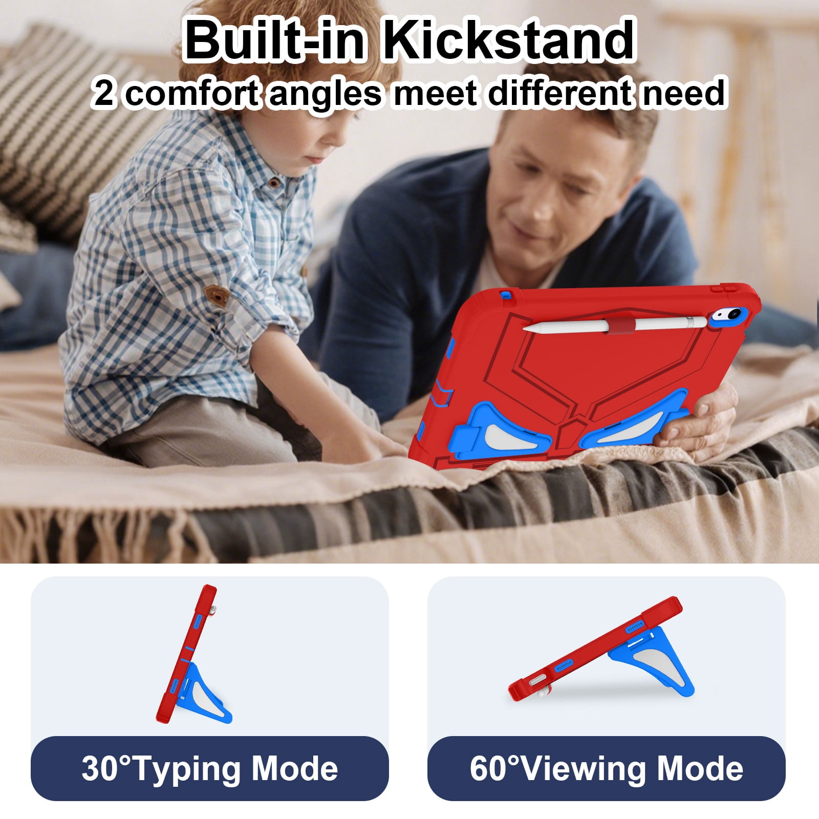 Dteck Case for 2025 Apple 11-inch iPad A16/ 10.9-inch iPad 10th Generation 2025 Cover with Pencil Holder Screen Protector Shoulder Strap Kicsktand Thickned Cornor for Kids Boys,Red Blue