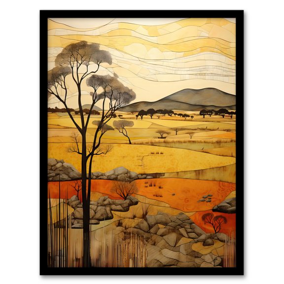 African Savannah Artwork Yellow Orange Ochre Tropical Grassland In Summer Art Print Framed Poster Wall Decor 12x16 inch
