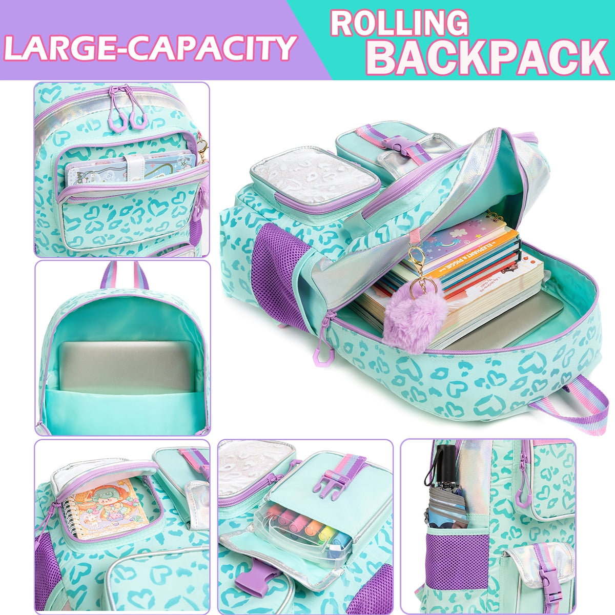 Kids Rolling Backpack with Wheels for Girls Teen,Trolley Roller Luggage with Wheels for Elementary School Students Bookbag