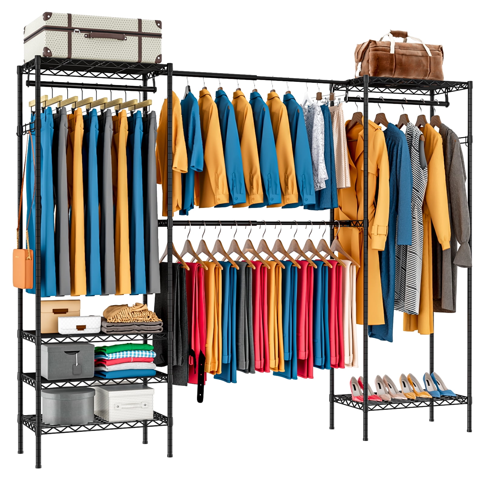 Untyo Expandable Clothing Racks Heavy Duty Garment Rack for Hanging Clothes Portable Freestanding Adjustable Closet Rack with Shelves Metal Clothes