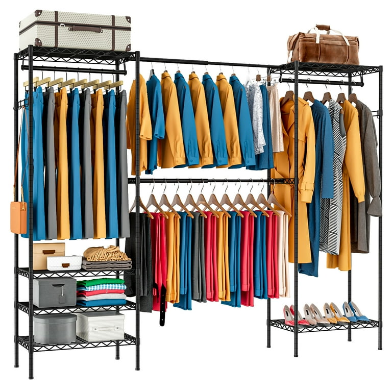 Untyo Expandable Clothing Racks Heavy Duty Garment Rack for Hanging Clothes Portable Freestanding Adjustable Closet Rack with Shelves Metal Clothes