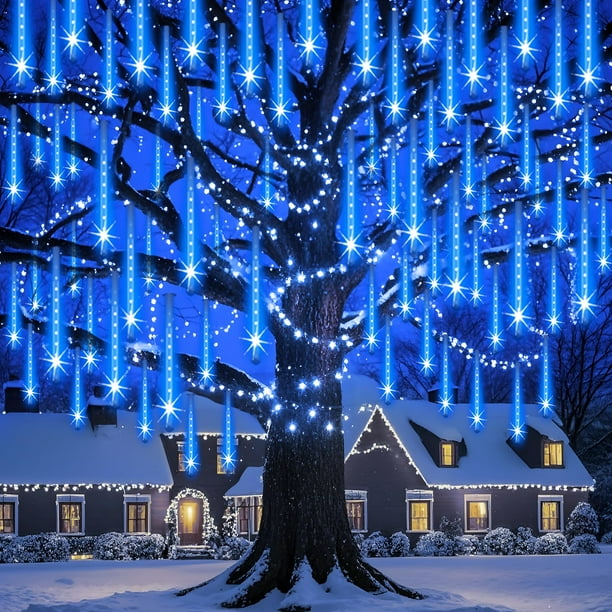Luces de lluvia tipo meteorito para exteriores Adecorty, 24 tubos, 576 LED, color azul